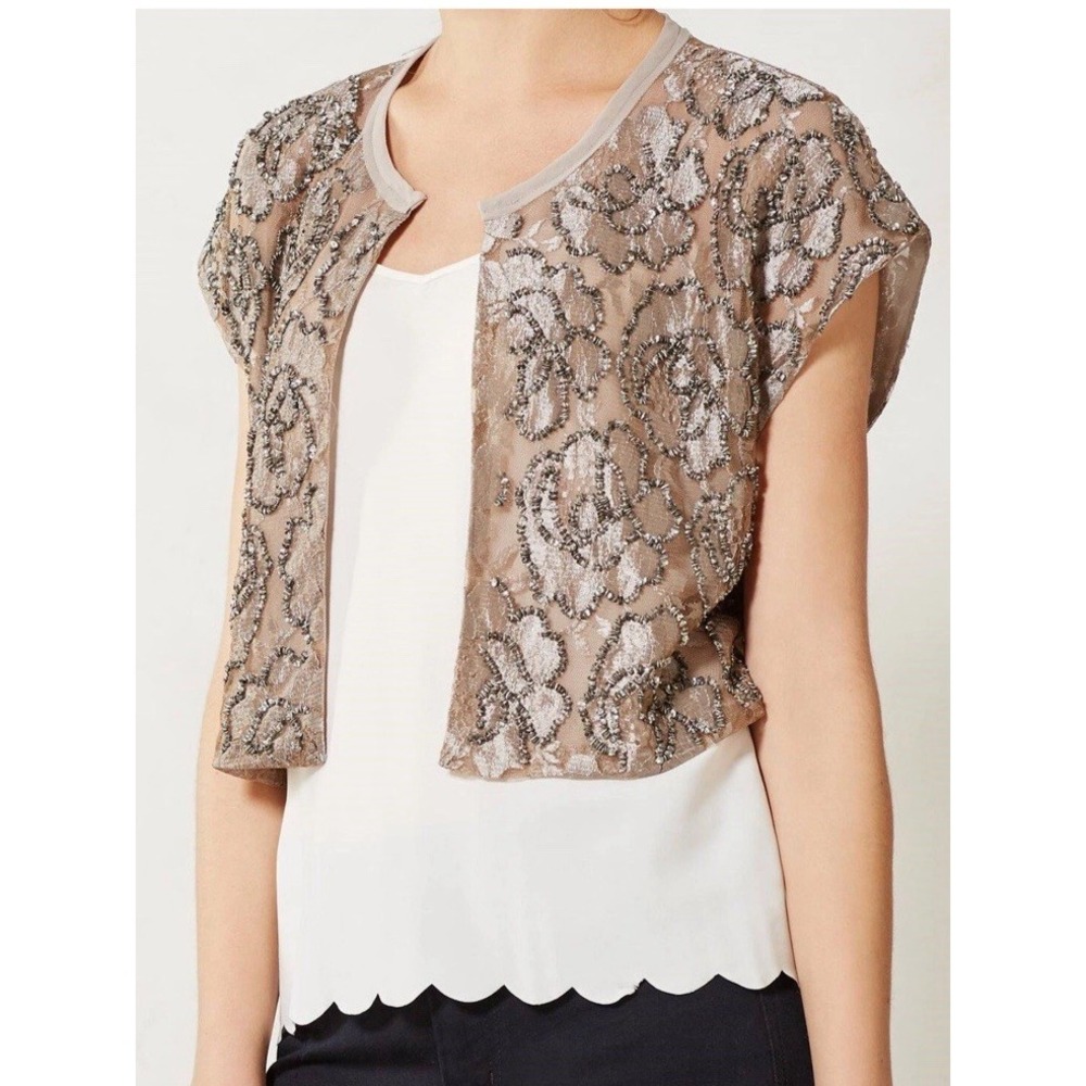 Dolan Women Bolero Top Beige Sequins‎ Lace Holiday Top Hook Eye Cap Sleeves M/L